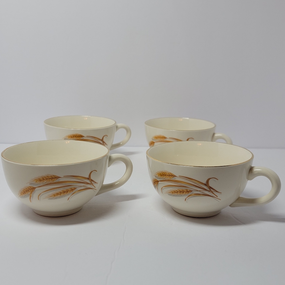 Vintage Homer Laughlin Golden Wheat Pattern Coffee Tea Cup Gold Rim Set Of 4